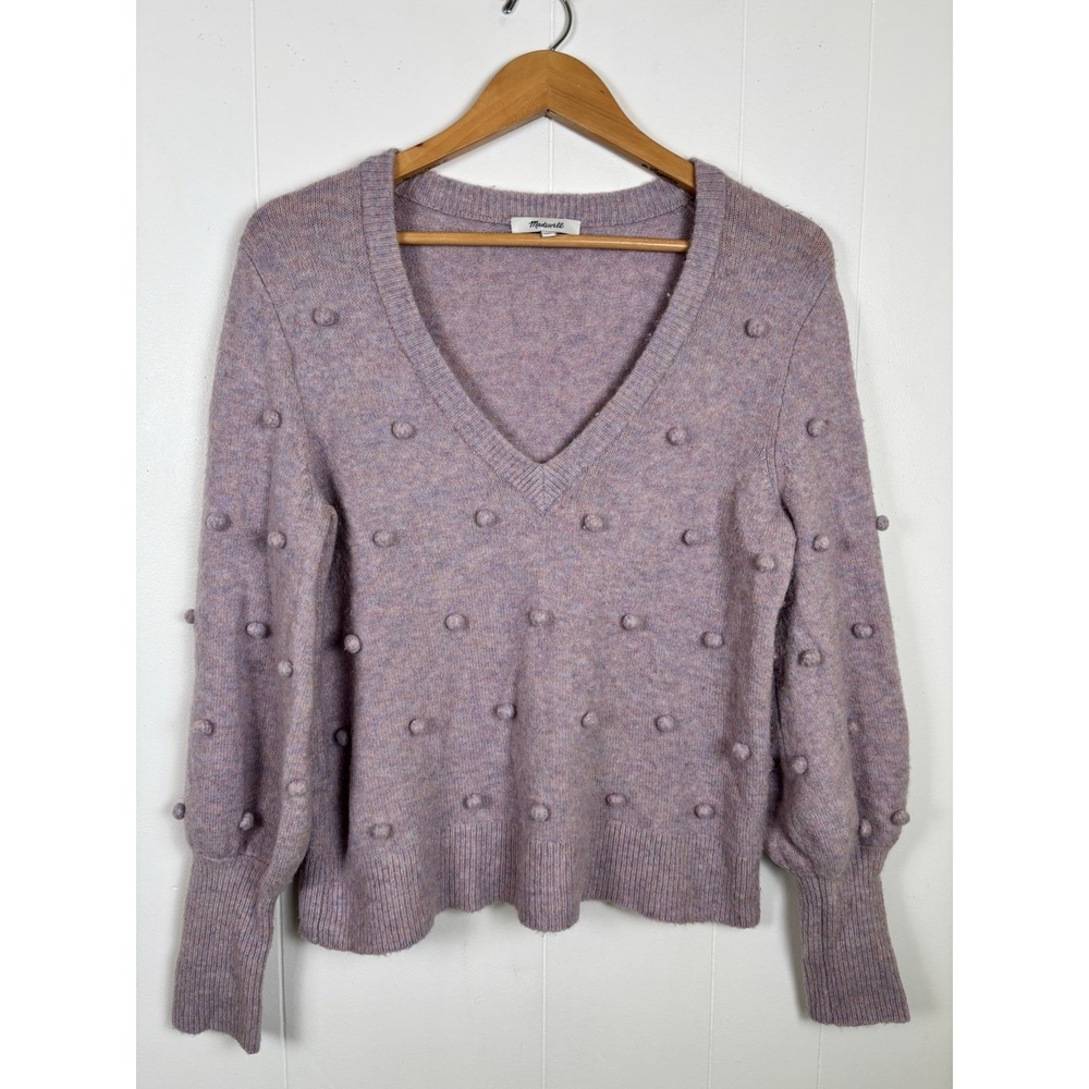 Madewell Small Bobble Pom Popcorn Balloon Sleeve V-Neck Knit Wool‎ Blend Sweater